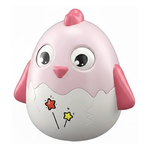 Pink cartoon-like chicken toy on a white background