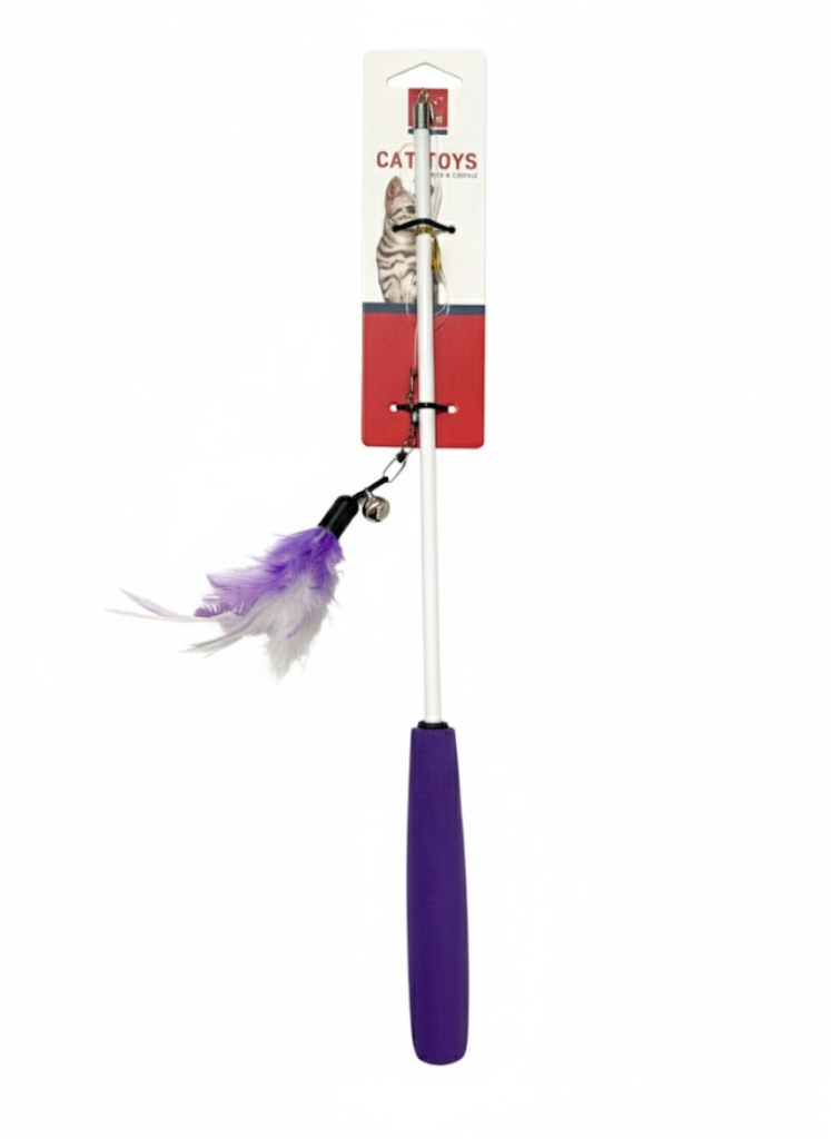 Cat toy with purple feather on a white background