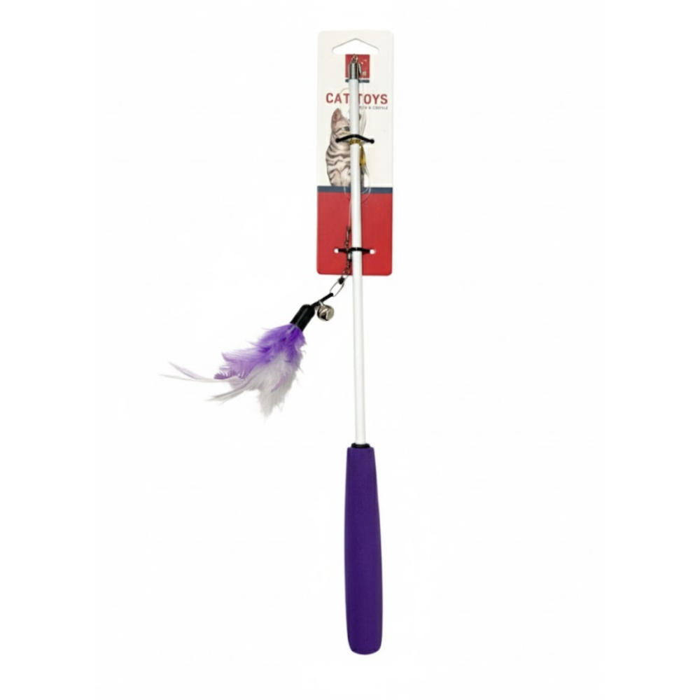 Cat toy with purple feather on a white background