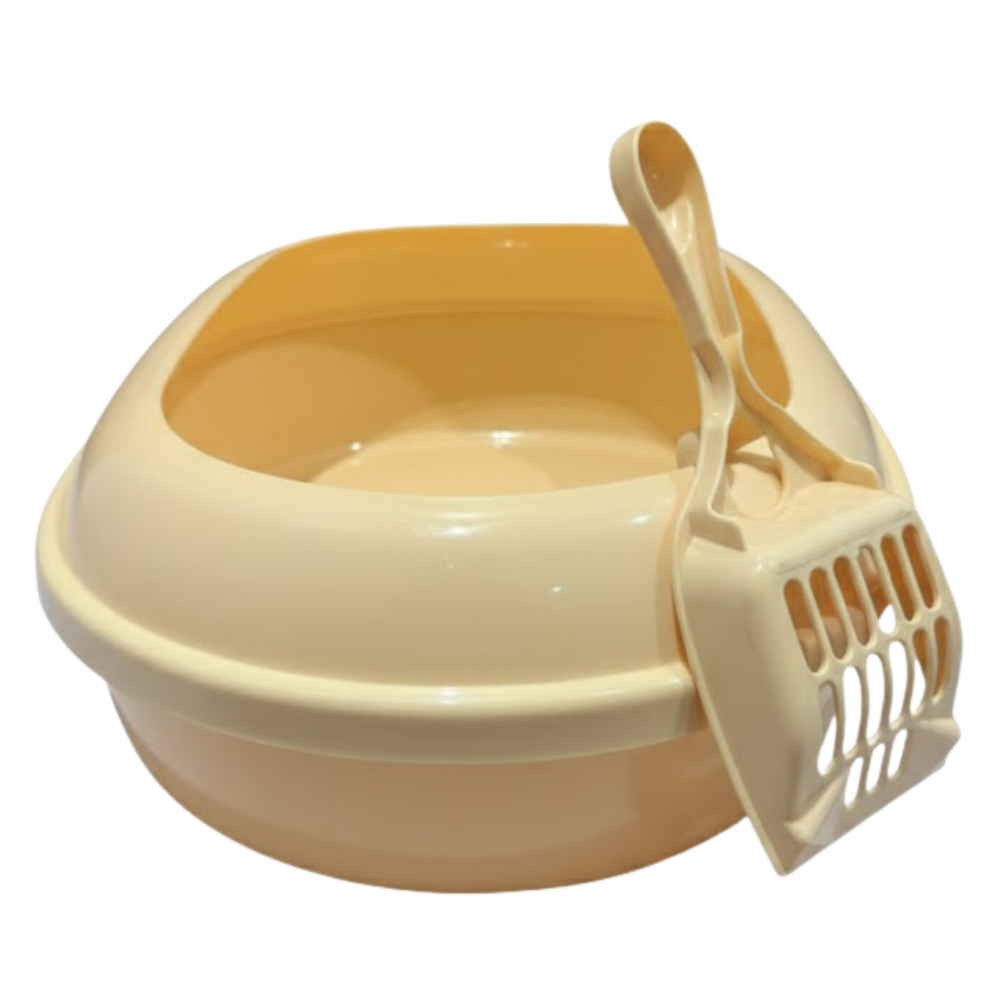 Beige cat litter box with scoop on a white background