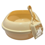 Beige cat litter box with scoop on a white background
