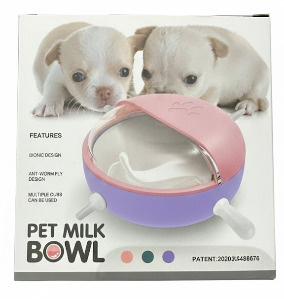 Pet milk bowl packaging with two puppies on a white background