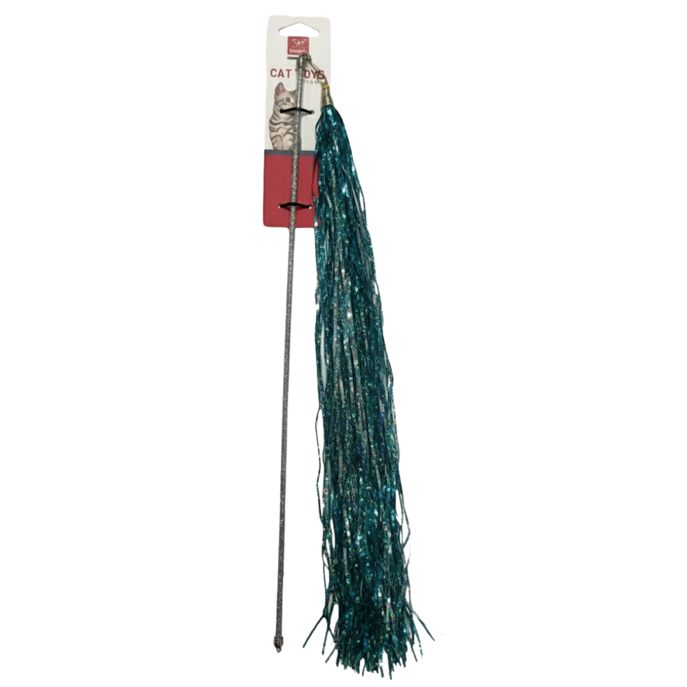 Cat toy with teal feathers on a white background