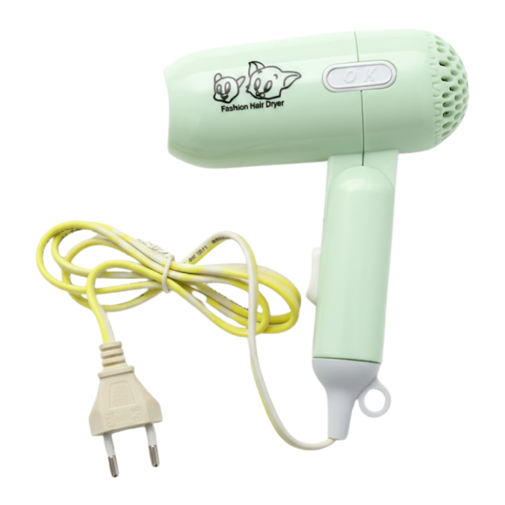Green nail dryer with yellow cord on a white background