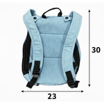 Light blue backpack with black straps and measurements on a white background