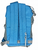 Blue backpack with gray straps on a white background
