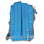 Blue backpack with gray straps on a white background