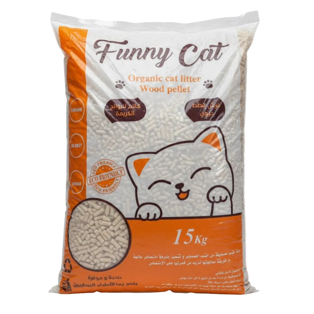 Bag of Funny Cat organic cat litter with a cartoon cat design on an orange and white background.