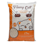 Bag of Funny Cat organic cat litter with a cartoon cat design on an orange and white background.