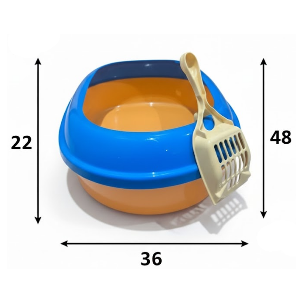 Cat litter box with scoop and measurements on a white background