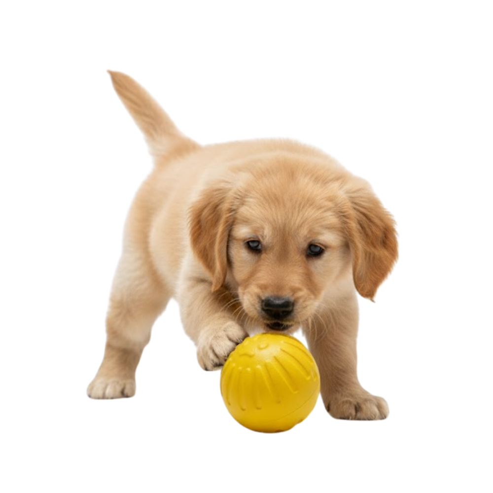 Puppy playing with a yellow ball on a white background
