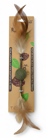 Cat toy with feathers and a ball on a cardboard backing