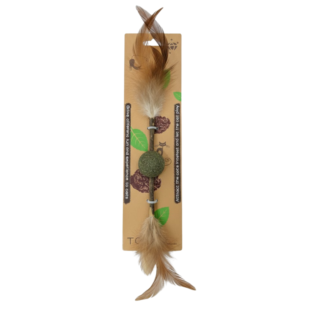 Cat toy with feathers and a ball on a cardboard backing