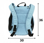 Light blue backpack with black straps and measurements on a white background
