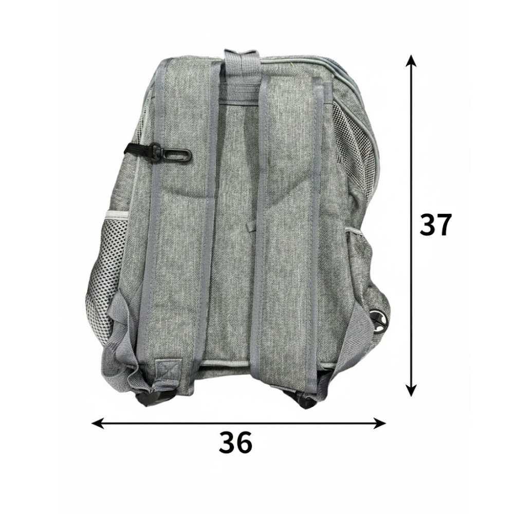 Gray backpack with measurements on a white background
