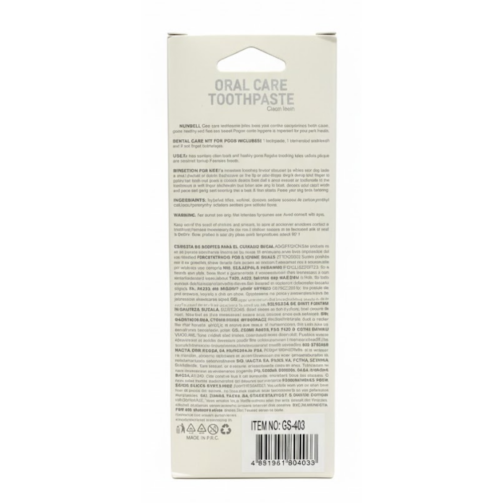 Back of a toothpaste box with text and barcodes on a white background