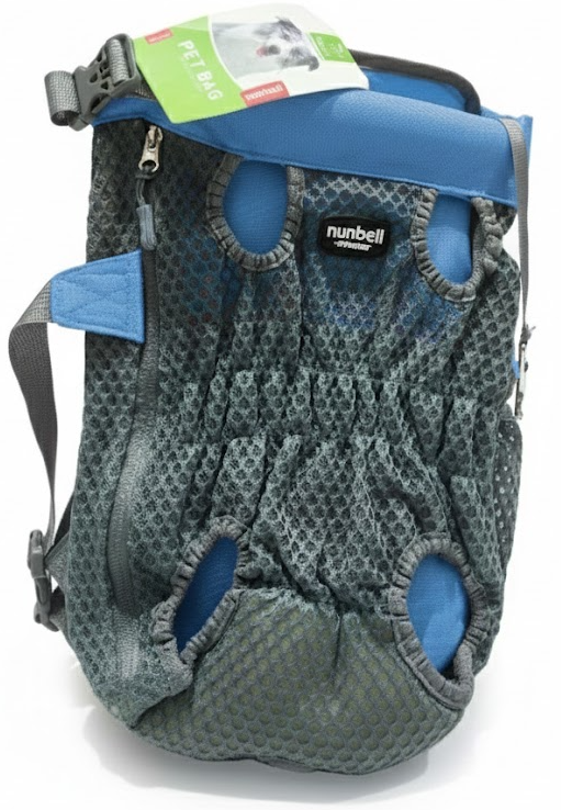 Nunbell dog carrier with blue accents on a white background