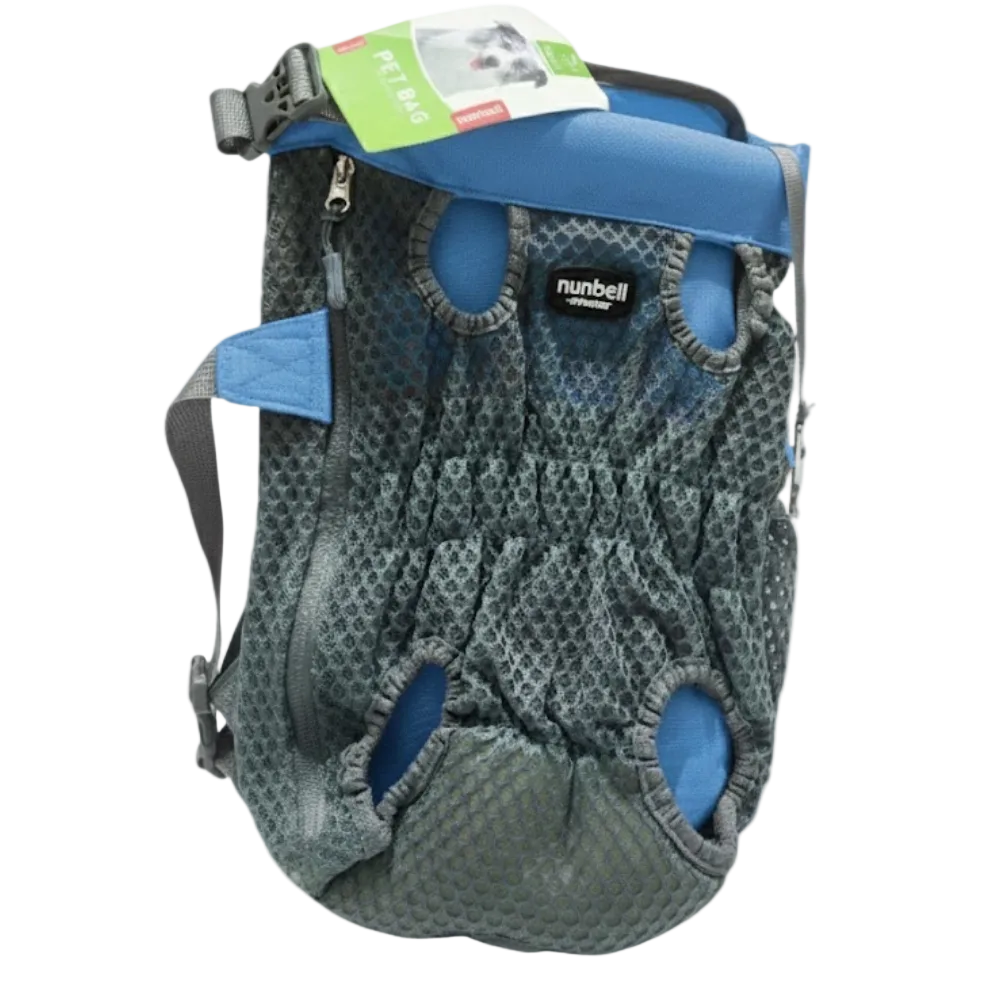 Nunbell dog carrier with blue accents on a white background