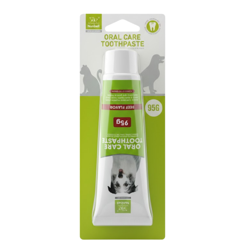 Dog toothpaste with green packaging and white cap on a white background