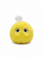 Yellow plush toy with black eyes and a label on a white background