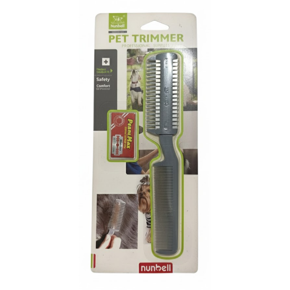 Nunbell pet trimmer packaging with comb on a white background