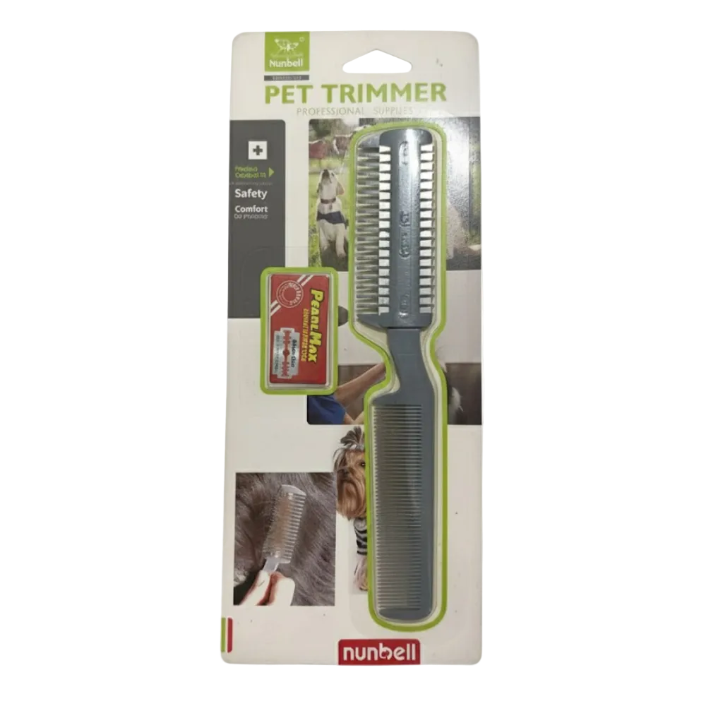 Nunbell pet trimmer packaging with comb on a white background
