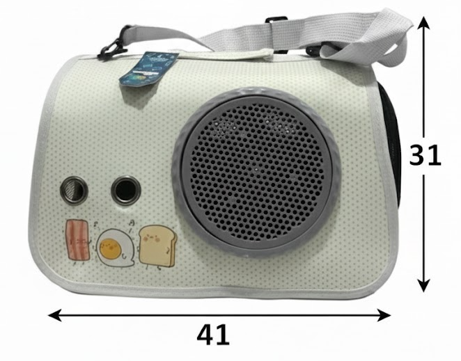 White pet carrier with cartoon face design and dimensions on a white background