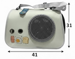 White pet carrier with cartoon face design and dimensions on a white background