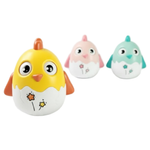 Three colorful bird-shaped toys on a white background