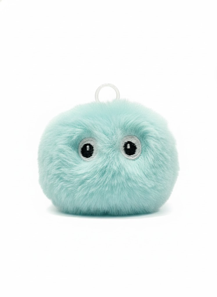 Light blue plush toy with black eyes on a white background