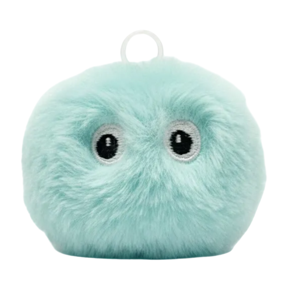 Light blue plush toy with black eyes on a white background