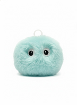Light blue plush toy with black eyes on a white background