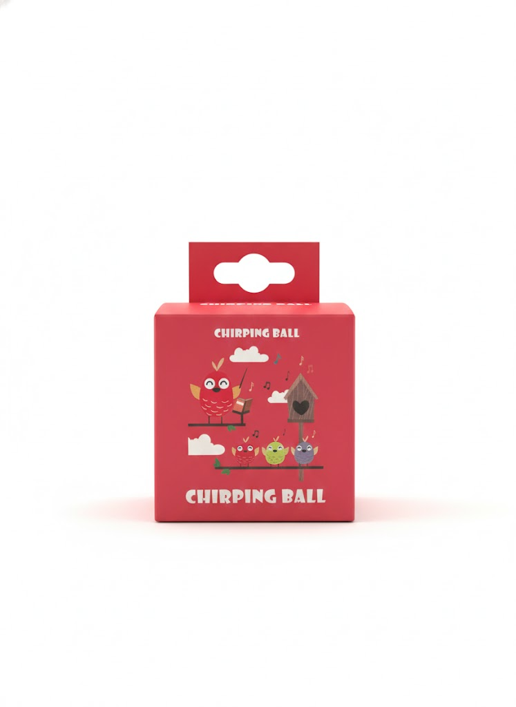Red packaging box with bird illustrations and 'Chirping Ball' text on a white background