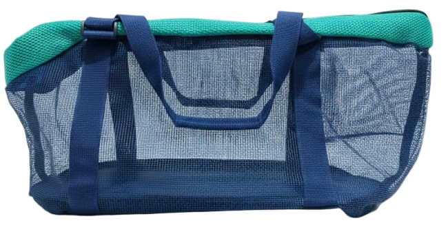Blue and green pet carrier on a white background