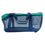 Blue pet carrier with green top on a white background