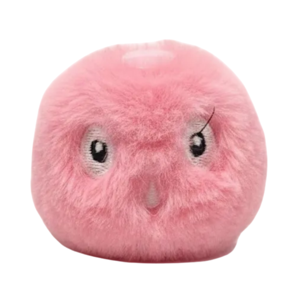 Pink plush toy with a sad expression on a white background