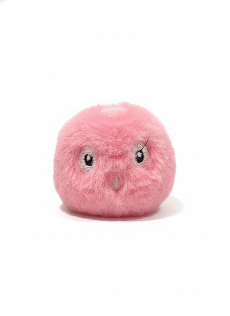 Pink plush toy with a sad expression on a white background