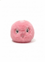 Pink plush toy with a sad expression on a white background