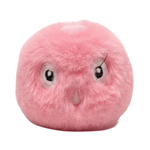 Pink plush toy with a sad expression on a white background