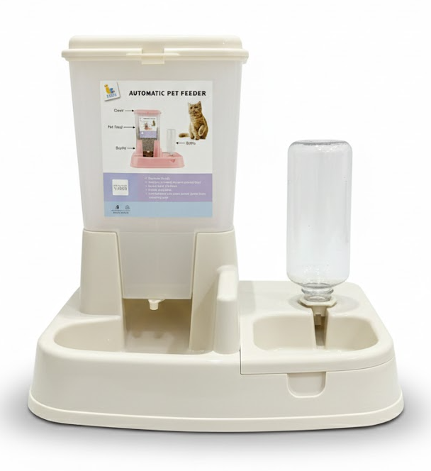 White pet feeder with water dispenser on a white background
