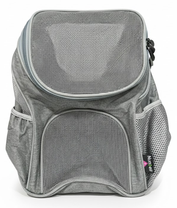 Gray pet carrier with mesh design on a white background