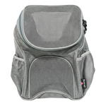 Gray pet carrier with mesh design on a white background