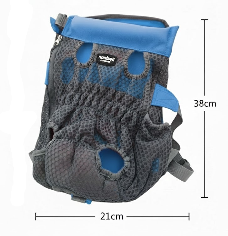 Pet carrier with blue accents and measurements on a white background