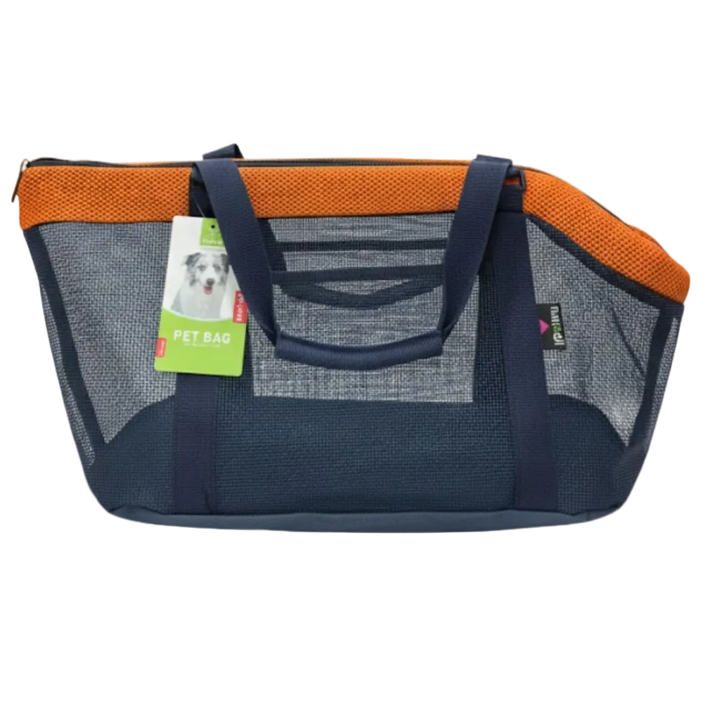 Pet carrier with orange top and gray sides on a white background