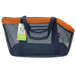 Pet carrier with orange top and gray sides on a white background