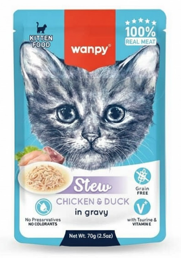 Wanpy kitten food packet with a cat's face on the label
