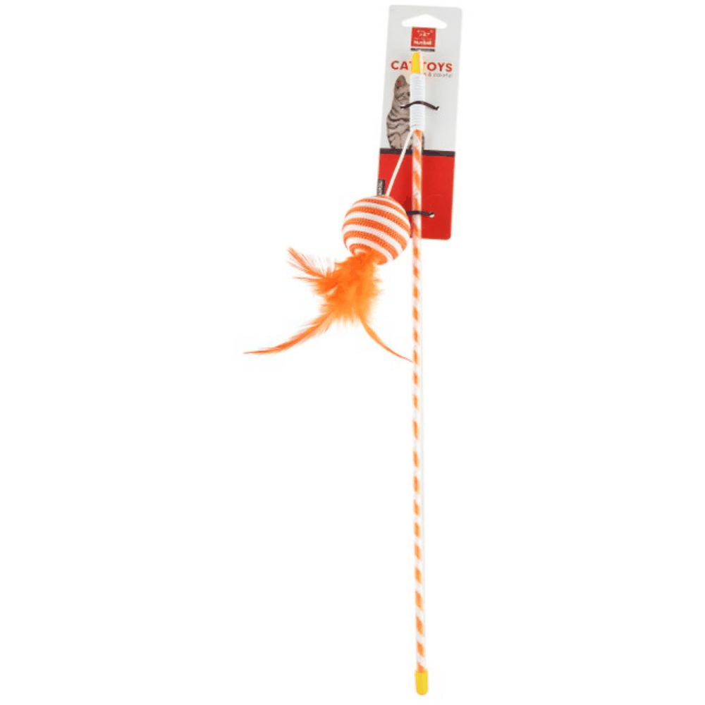 Cat toy with orange feather and striped body on a white background