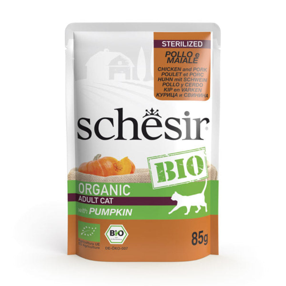 Schesir BIO Sterilized pollo e maiale con zucca in paté 85g in busta.