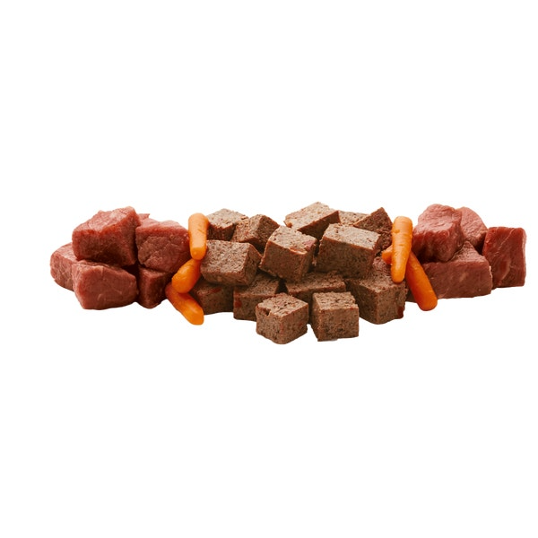 Dog treat with brown and orange pieces on a white background