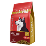 Alpha dog food package with a red and yellow design featuring a husky on a white background.